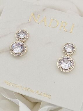 Nadri Halo Cubic Zirconia Drop Earrings Gold Precious Metal Plated   Bridal Gift